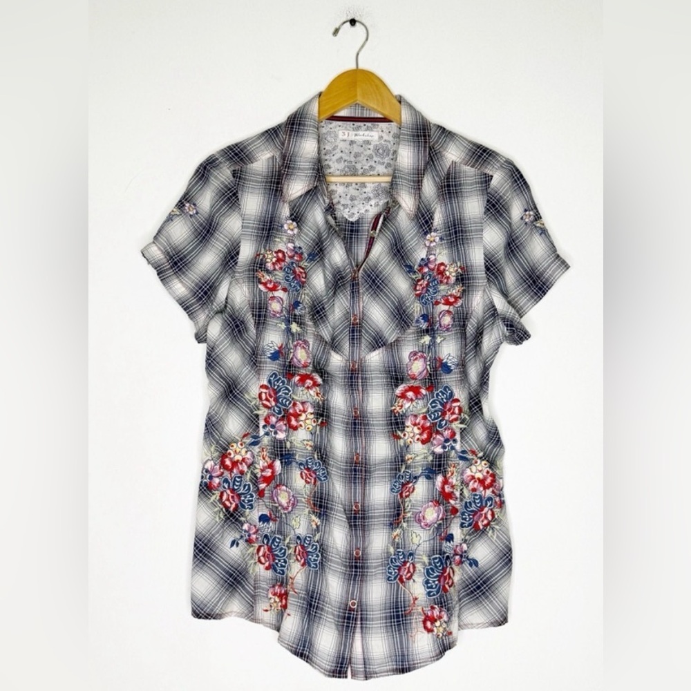 Johnny Was Black White Plaid Button-Down Shirt with Red & Blue Floral Embroidery - Picture 2 of 5